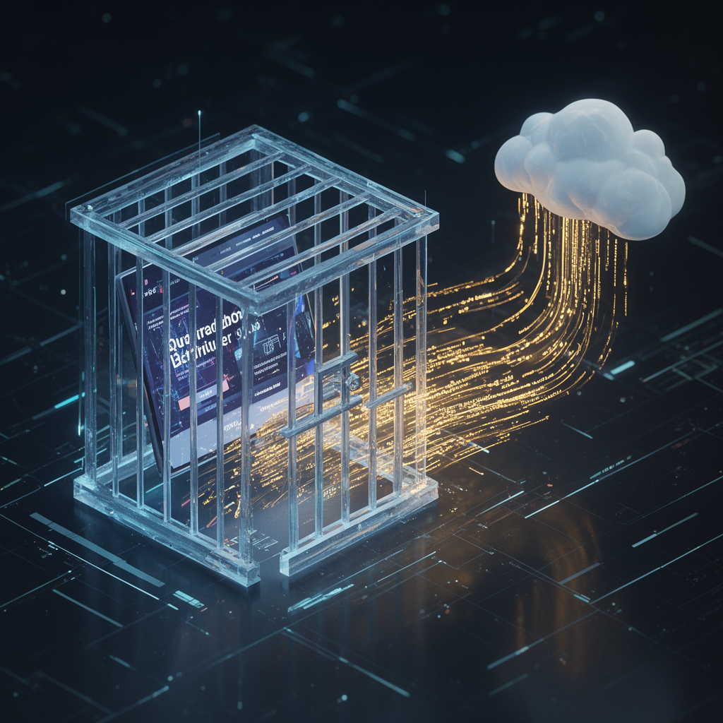 A digital cage opening to reveal flowing golden code