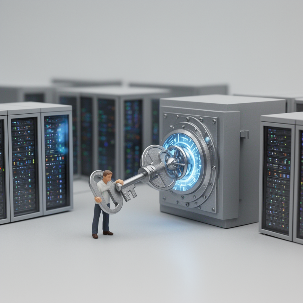 A miniature diorama of a server farm being unlocked