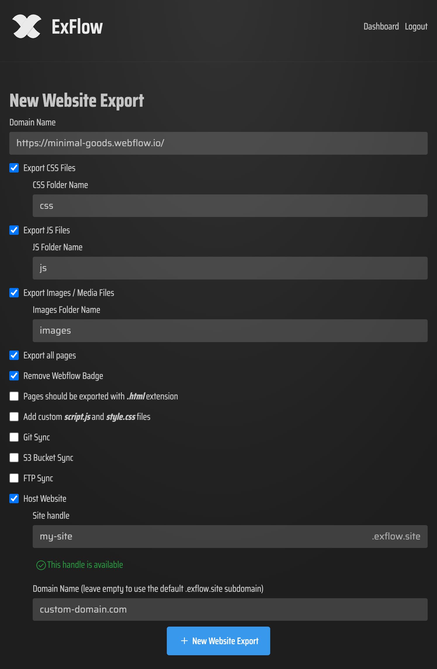 Screenshot of ExFlow Configuration
